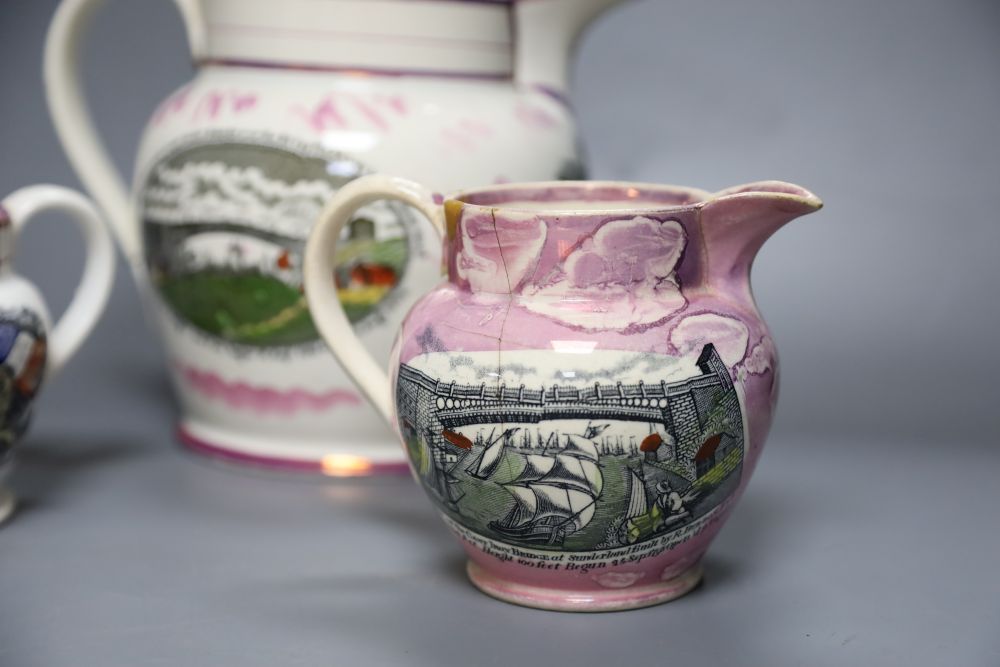Three Sunderland pink lustre Pearlware jugs and a Sunderland Bridge creamware mug, tallest 19cm